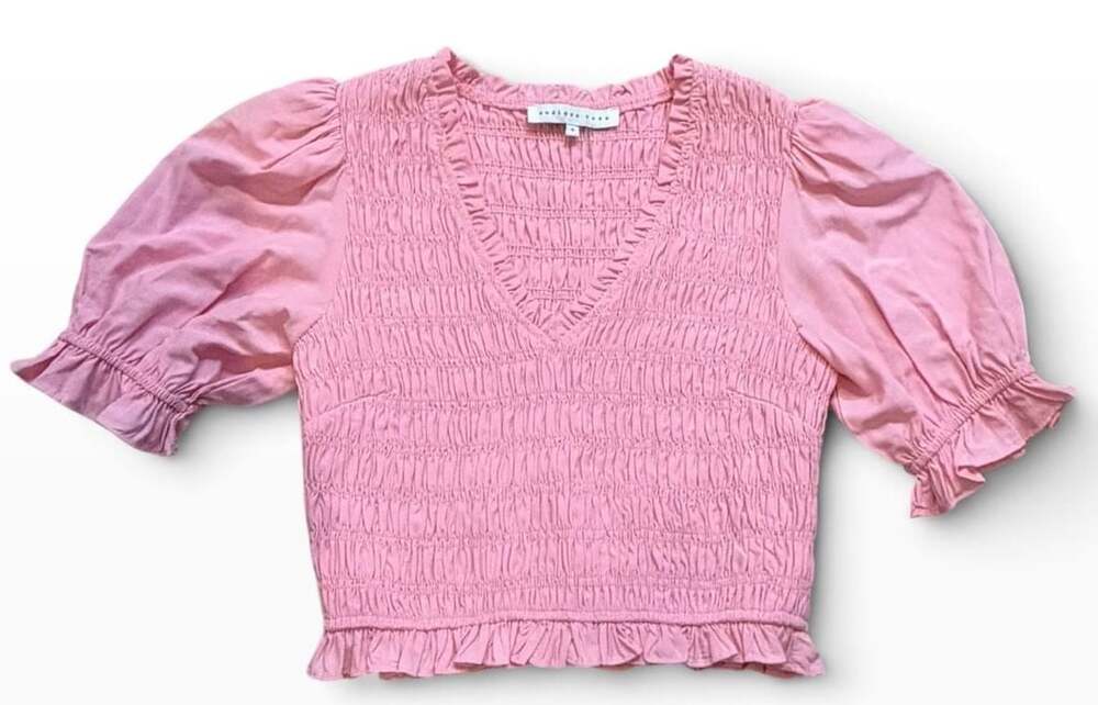 NWOT Endless Rose Smocked Short Sleeve Blouse Size S Pink Ruffle Top